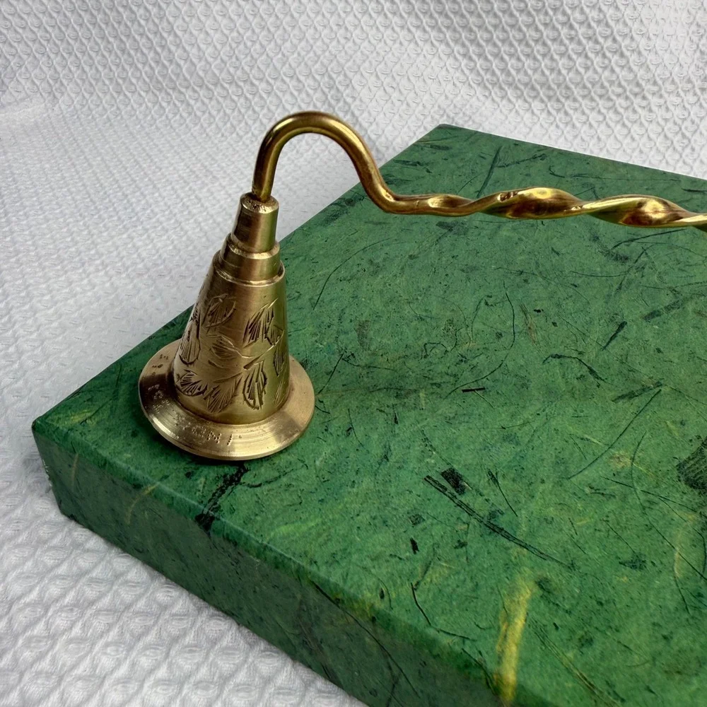 VTG Etched Brass Candle Snuffer Twisted Handle Floral Bell 12 Inch Made in India